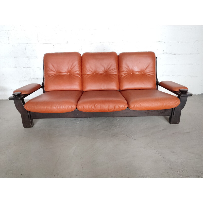 Brasilianisches Vintage-Sofa aus schwarzem Holz und orangerotem Leder