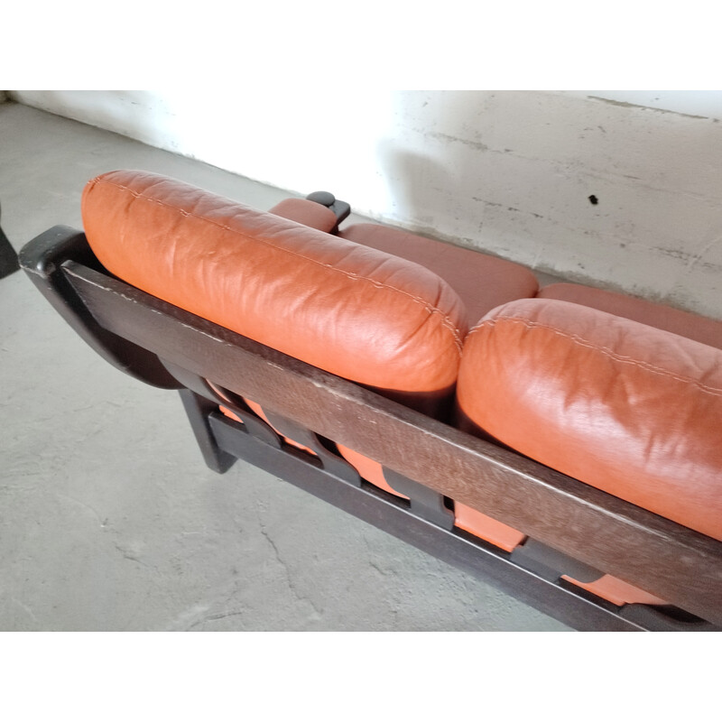 Vintage Brazilian sofa in black wood and orange-red leather