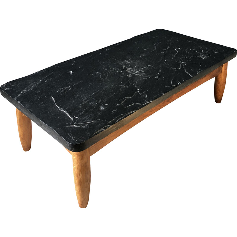 Table basse vintage en ardoise et chêne massif, 1950