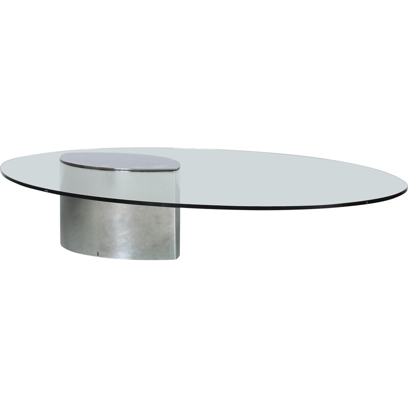 januar melon Tante Vintage stainless steel and clear glass coffee table "Lunario" by Cini  Boeri for Knoll International, USA