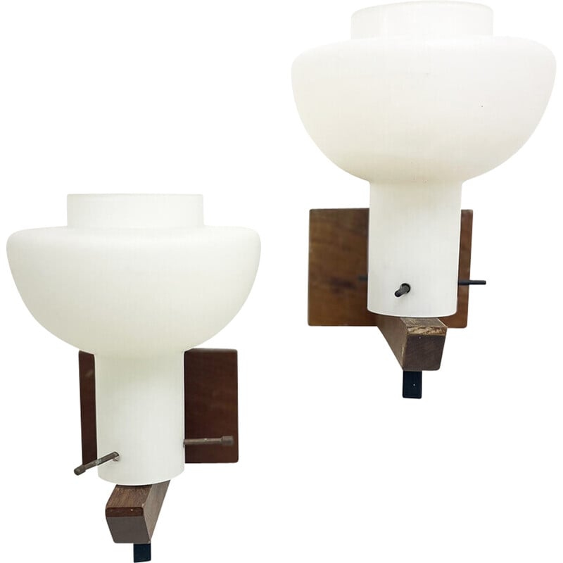 Pair of vintage wood and opaline wall lamps, 1970
