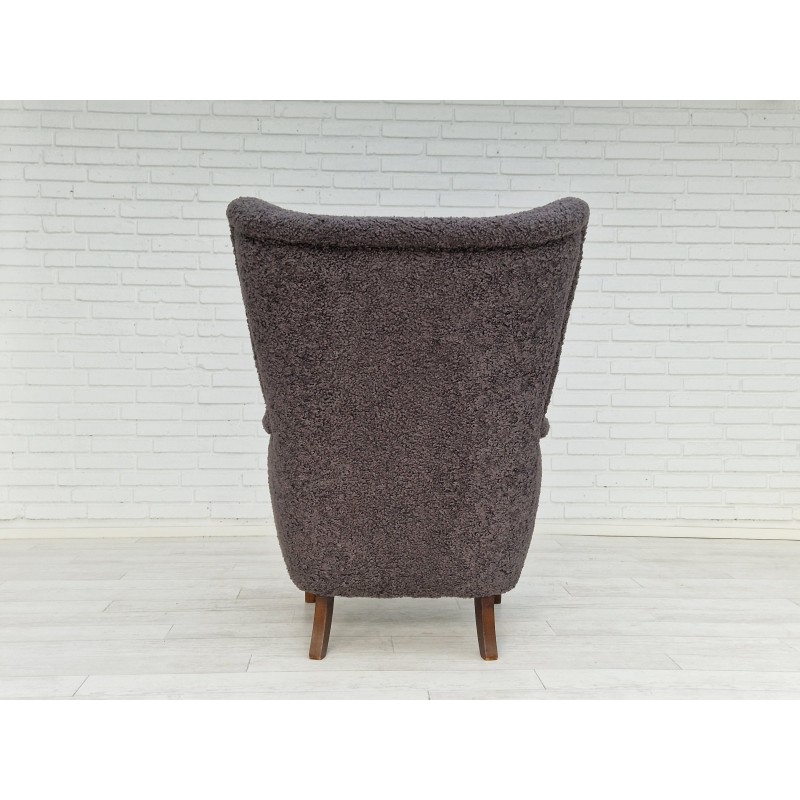 Vintage armchair in gray imitation lambskin, Denmark 1960