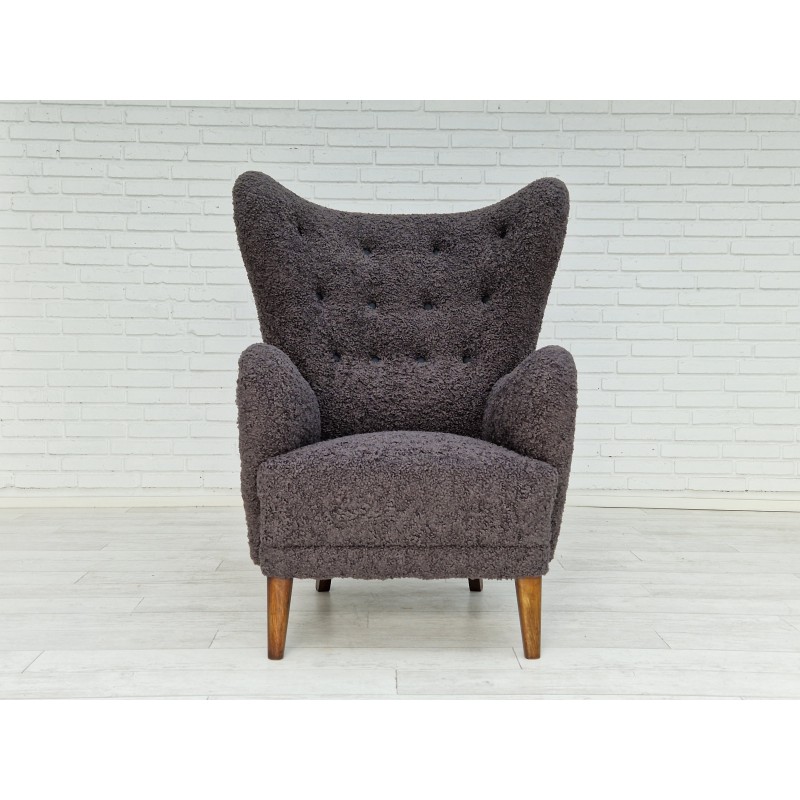 Fauteuil vintage en simili-peau d'agneau gris, Danemark 1960