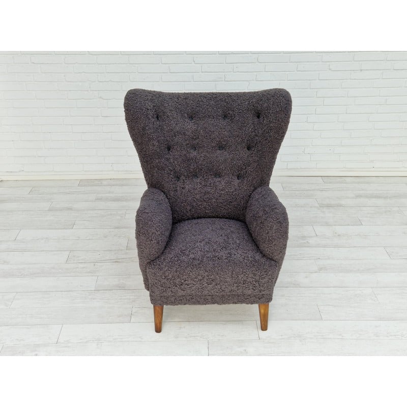 Vintage armchair in gray imitation lambskin, Denmark 1960