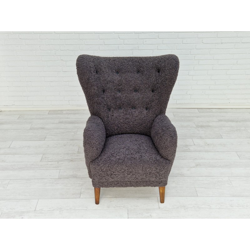 Vintage fauteuil in grijs imitatie lamsvel, Denemarken 1960
