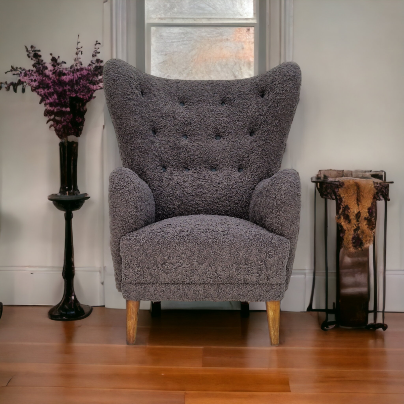 Vintage armchair in gray imitation lambskin, Denmark 1960