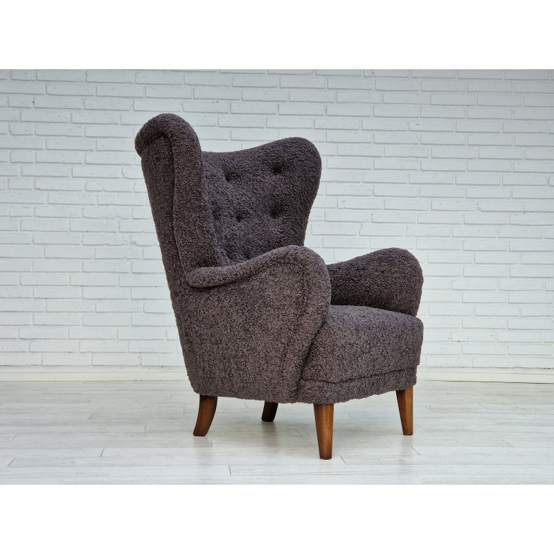 Vintage fauteuil in grijs imitatie lamsvel, Denemarken 1960