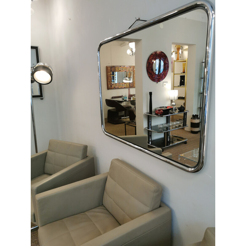 Specchio da barbiere Bauhaus vintage in cromo, Italia 1970