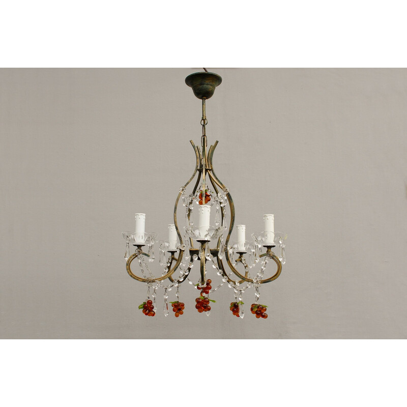 Vintage Murano crystal chandelier with amber glass grapes, Italy 1980s