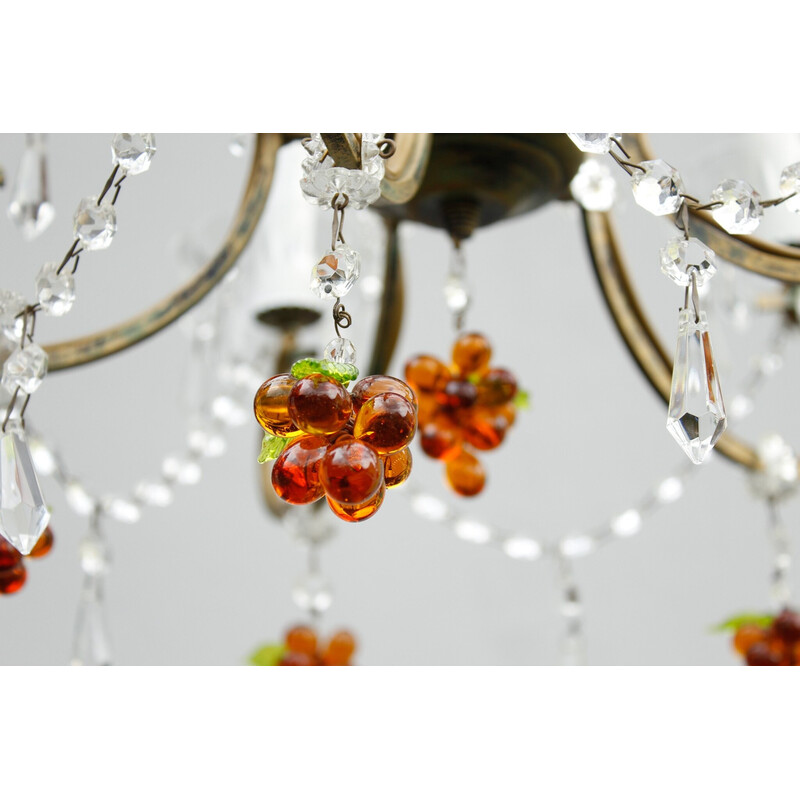 Vintage Murano crystal chandelier with amber glass grapes, Italy 1980s