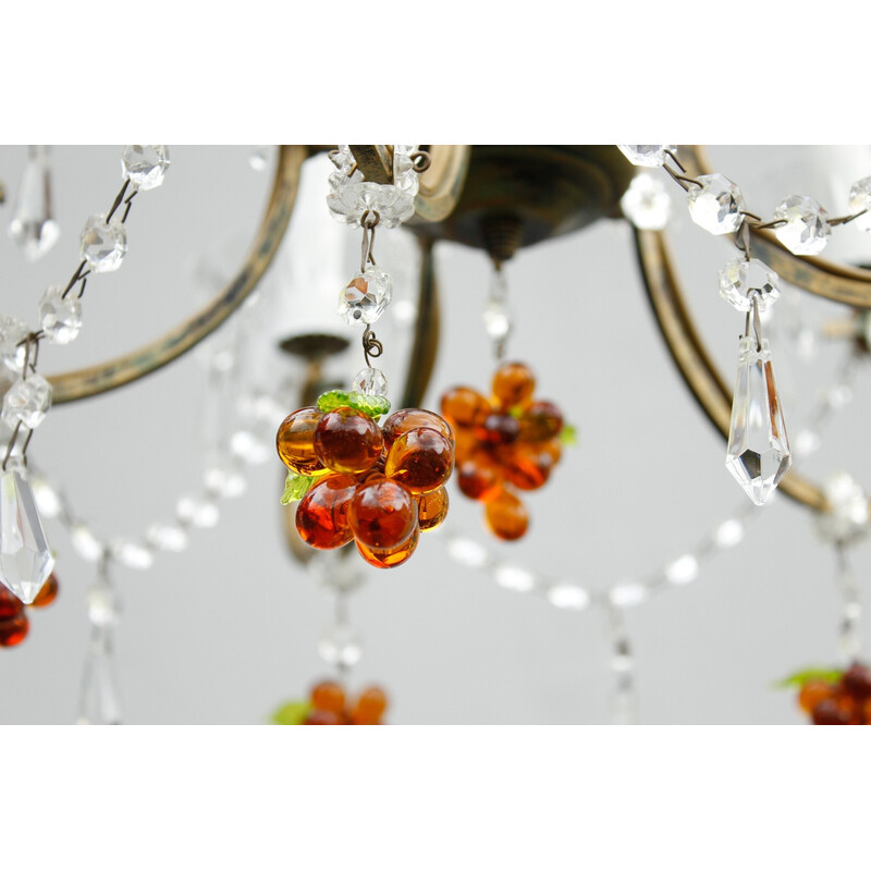 Vintage Murano kristallen kroonluchter met amberkleurige glazen druiven, Italië 1980