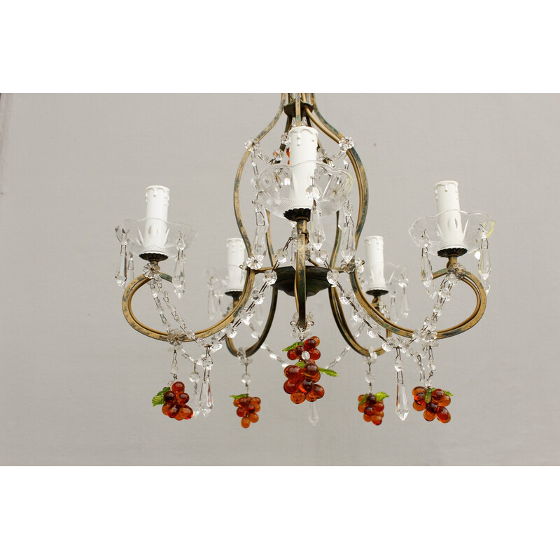 Vintage Murano crystal chandelier with amber glass grapes, Italy 1980s