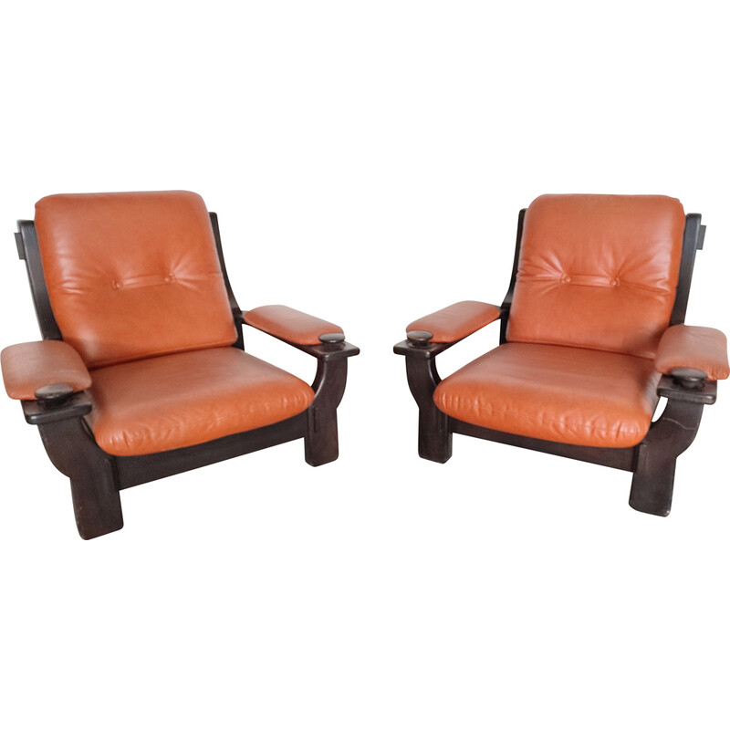 Pareja de sillones brasileños vintage en madera negra y cuero