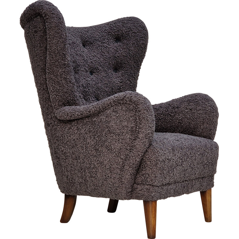 Vintage fauteuil in grijs imitatie lamsvel, Denemarken 1960