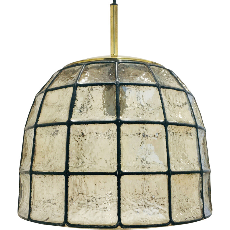 Mid century ijzeren hanglamp met glasstructuur van Limburg, Duitsland 1960