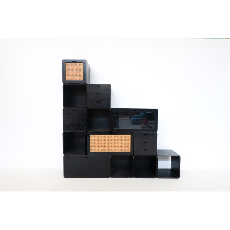 Conjunto modular de cubos negros de madeira de meados do século, por Derk Jan de Vries, Itália Anos 60