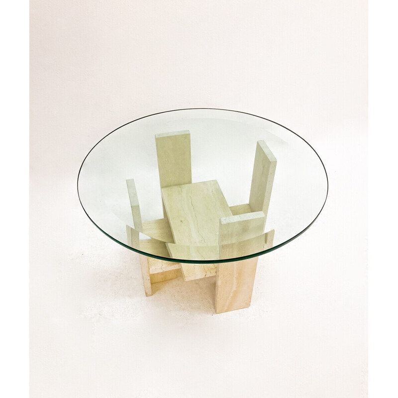 Table basse vintage en verre et travertin par Willy Ballez, 1970