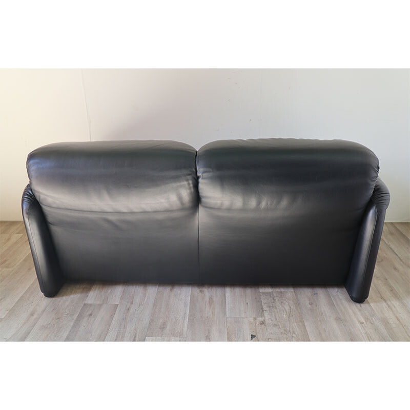 Sofá vintage de cuero negro "Maralunga" de Vico Magistretti para Cassina, Italia 1973