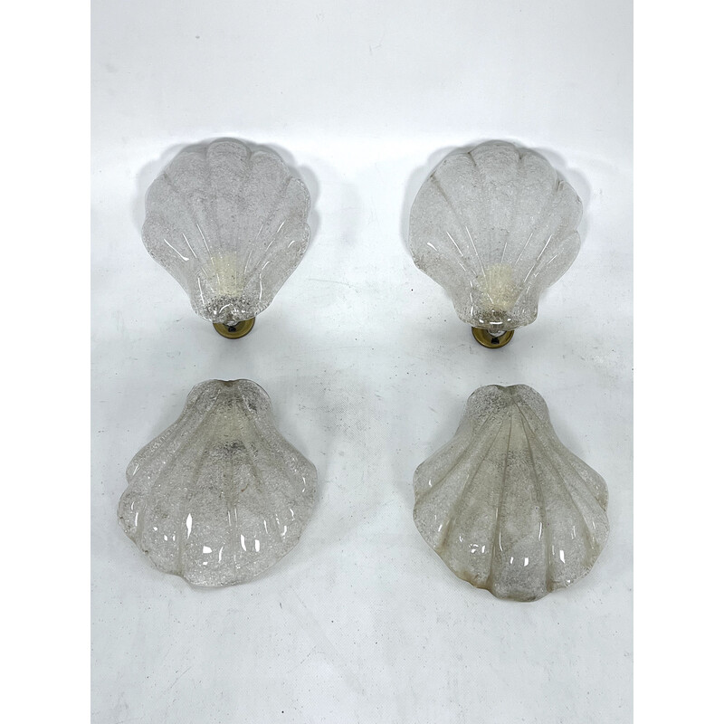 Set of 4 vintage shell wall lamps in Murano glass and brass, Italy 1970