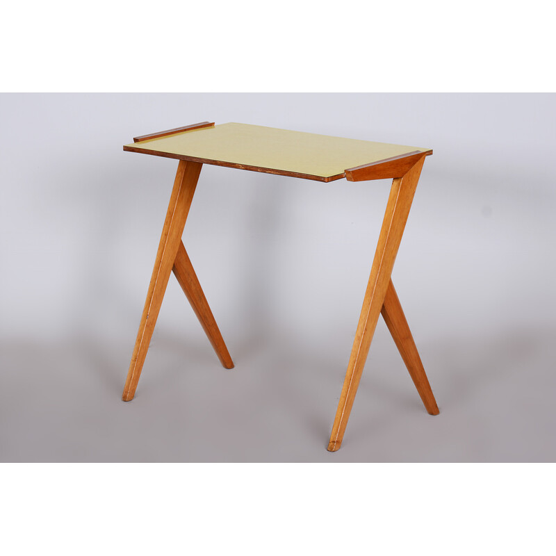 Vintage yellow side table in beechwood and umakart, Czechia 1950