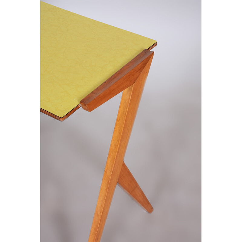 Vintage yellow side table in beechwood and umakart, Czechia 1950