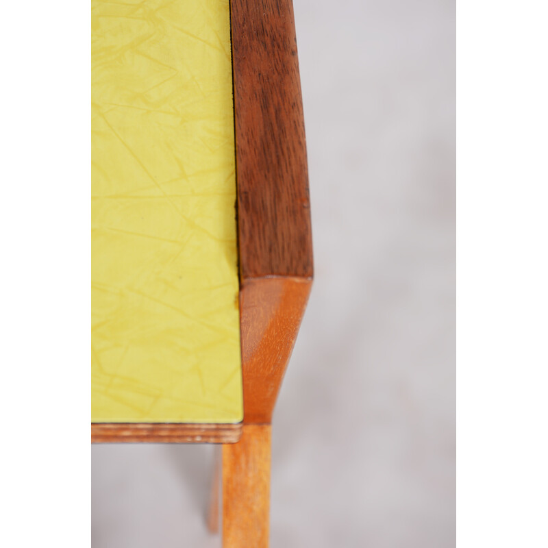 Vintage yellow side table in beechwood and umakart, Czechia 1950