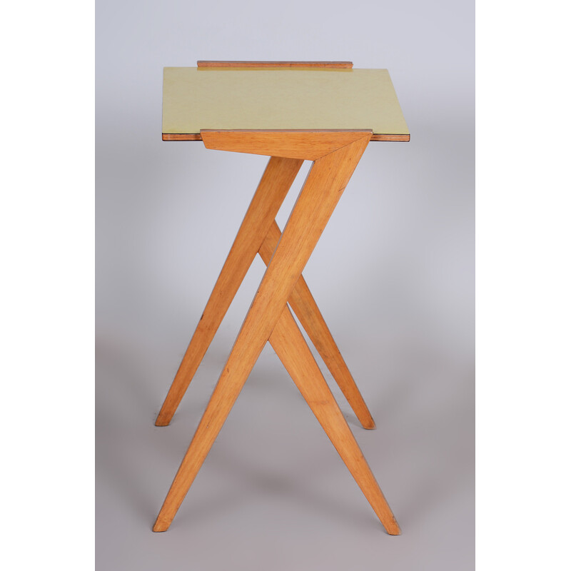 Vintage yellow side table in beechwood and umakart, Czechia 1950