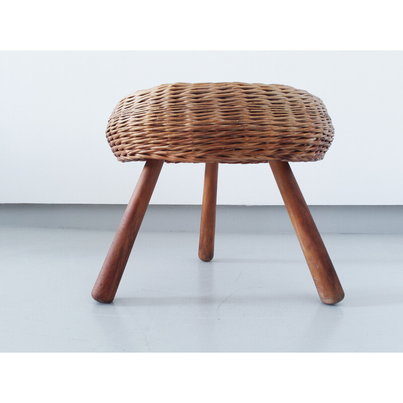 Tabouret tripode vintage en osier par Tony Paul, USA 1950