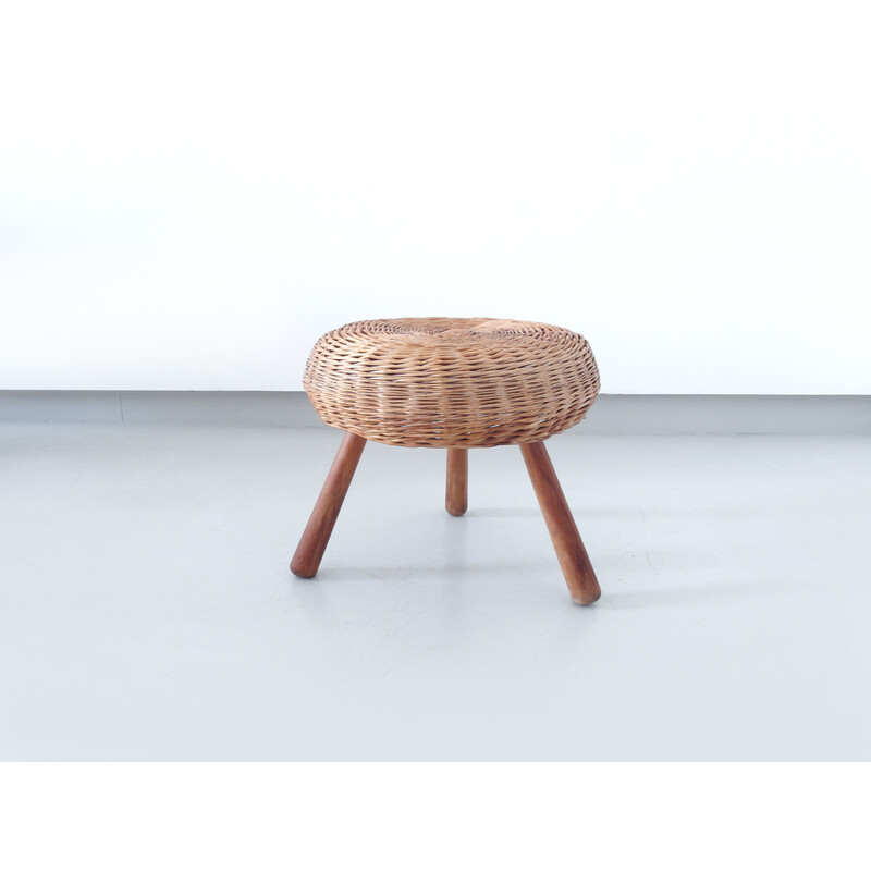 Tabouret tripode vintage en osier par Tony Paul, USA 1950