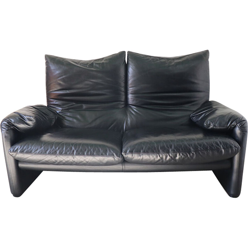 Vintage black leather sofa "Maralunga" by Vico Magistretti for Cassina, Italy 1973