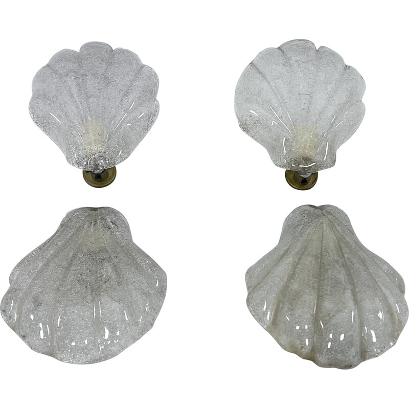 Set of 4 vintage shell wall lamps in Murano glass and brass, Italy 1970