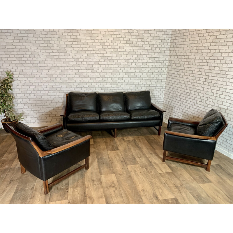 Vintage rosewood and black leather living room set "Minerva" by Torbjorn Afdal for Nesjestranda, 1960