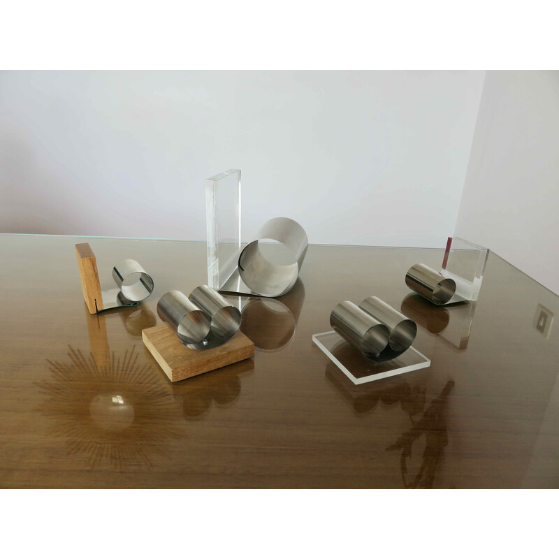 Set of 5 vintage stainless steel and brass bookends by Roche Bobois, France 1970