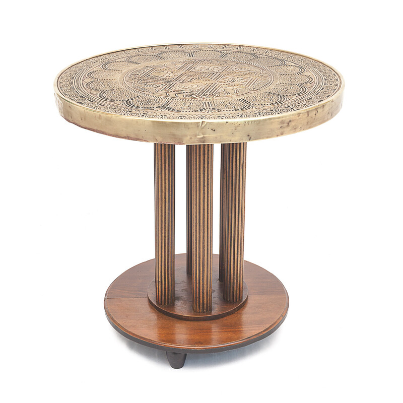 Vintage art deco side table in exotic wood and chased copper, Asia 1930