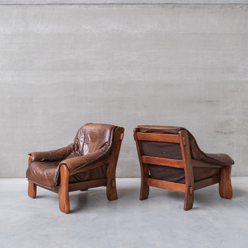 Paar Vintage-Sessel aus Eiche und Leder, Frankreich 1960