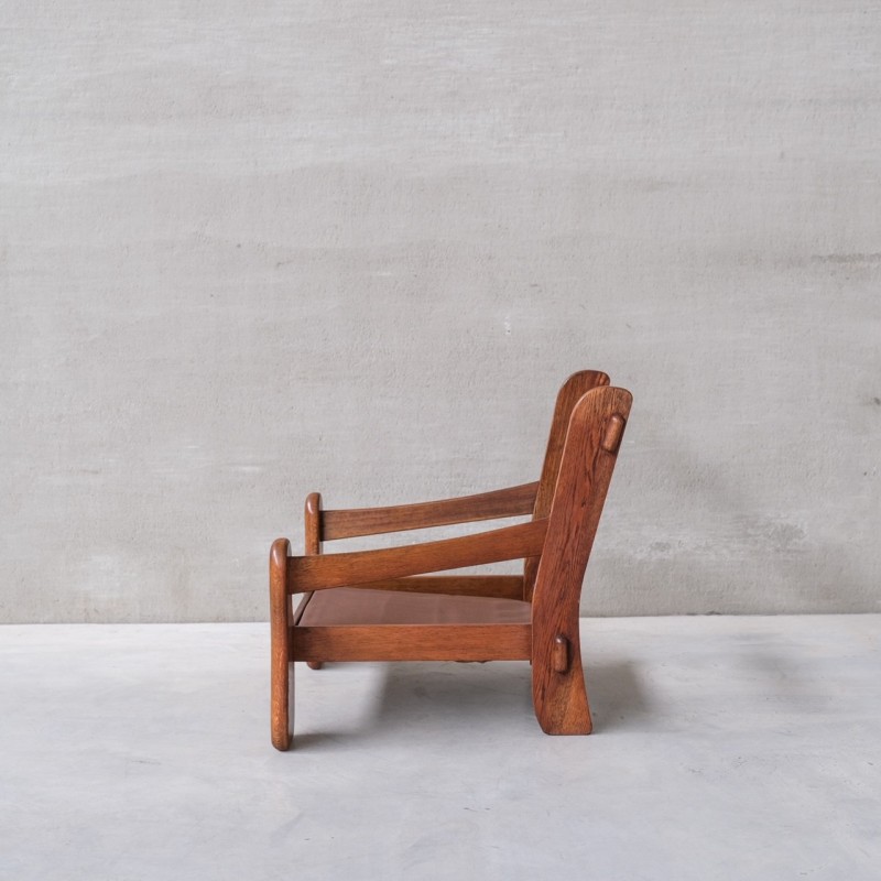 Pair of vintage oakwood and leather armchairs, France 1960