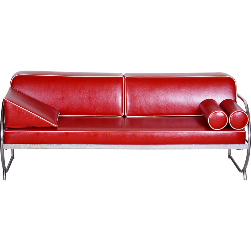 Vintage Bauhaus sofa leather and chrome by Robert Slezak, Czechoslovakia 1930