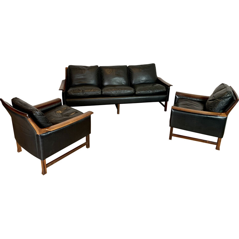 Vintage rosewood and black leather living room set "Minerva" by Torbjorn Afdal for Nesjestranda, 1960