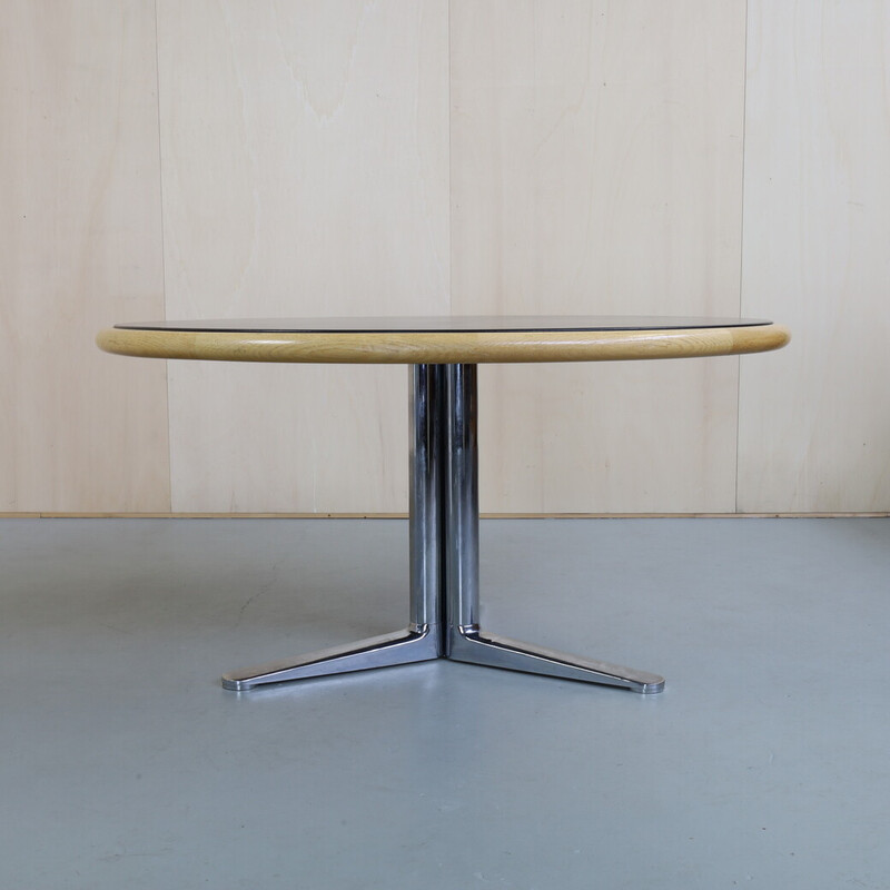 Vintage round dining table in leather and oakwood by Warren Platner for Knoll, 1970s