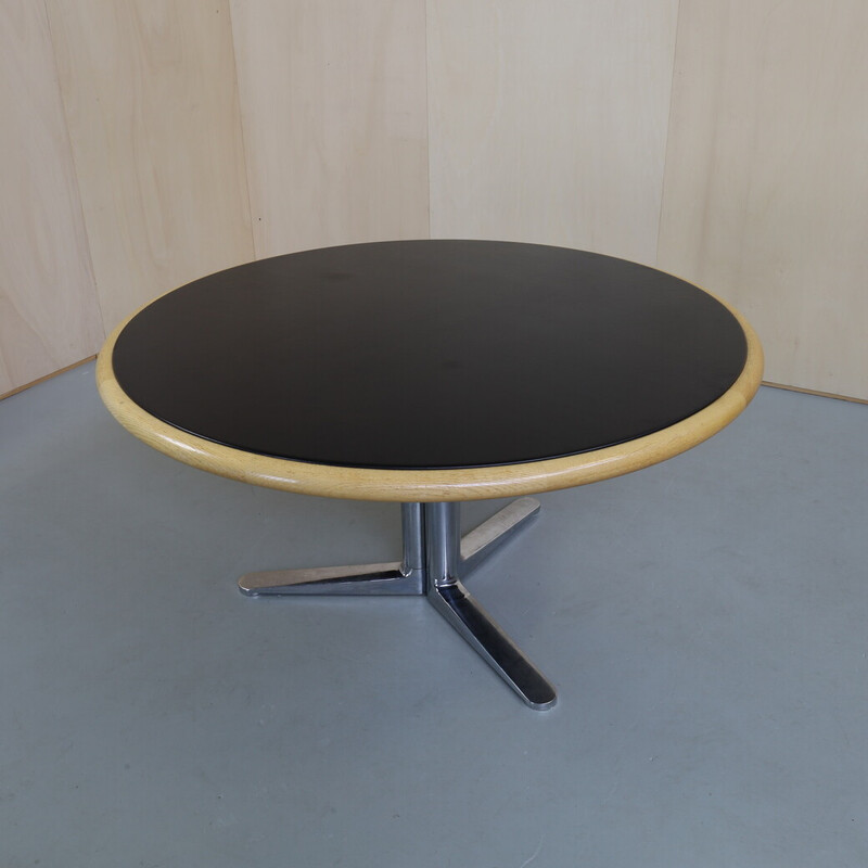 Vintage round dining table in leather and oakwood by Warren Platner for Knoll, 1970s