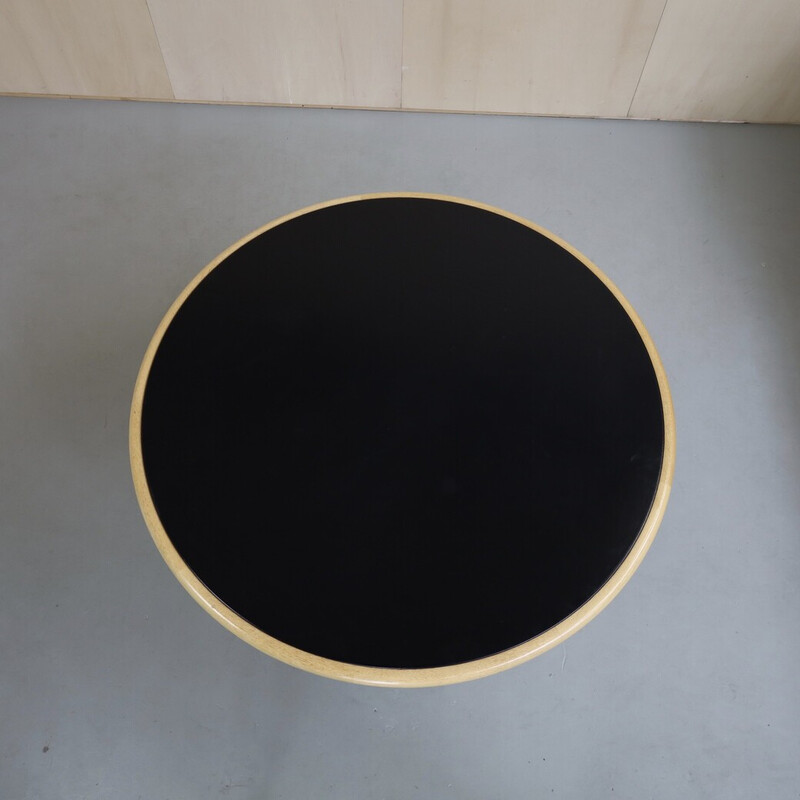Vintage round dining table in leather and oakwood by Warren Platner for Knoll, 1970s