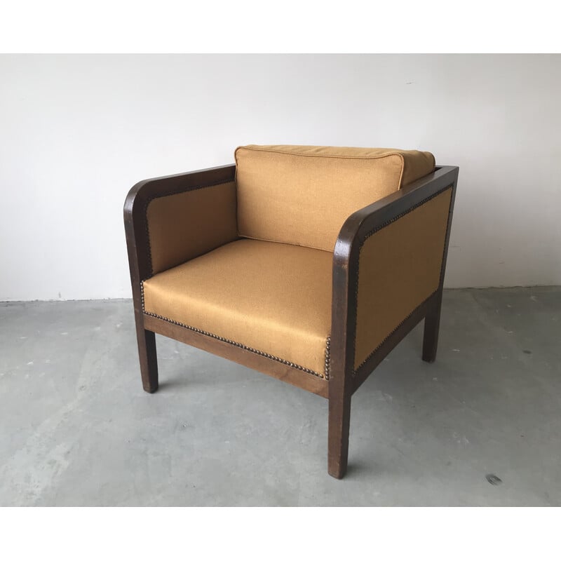 Vintage Art Deco armchair in solid oakwood and fabric, 1940