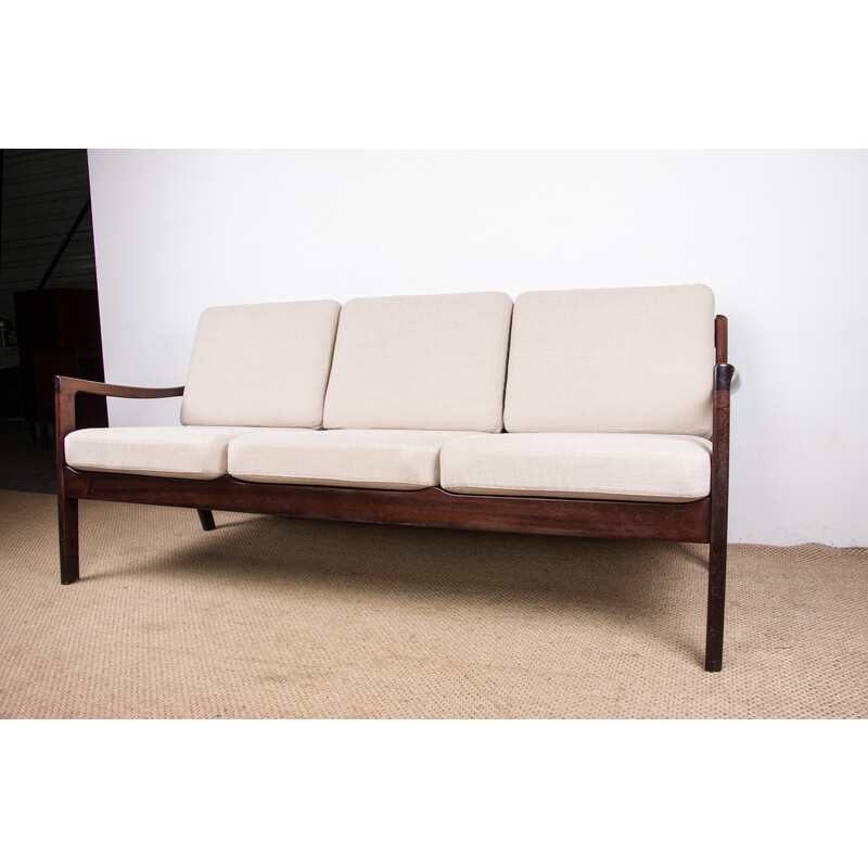 Vintage Danish Senator 3-seater sofa in mahogany and fabric by Ole Wanscher for Poul Jepessen, 1960