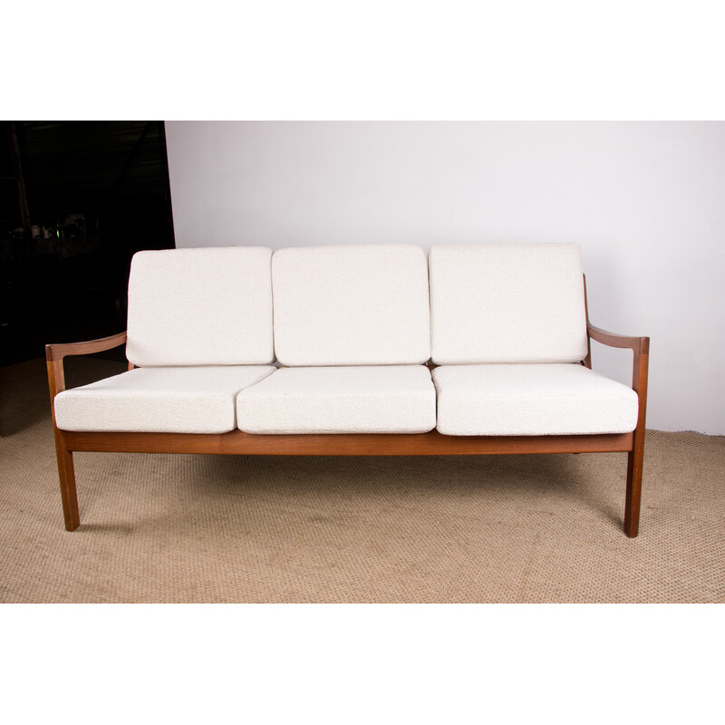 Vintage Danish sofa in teak and bouclette fabric Senator model by Ole Wanscher for France et Son, 1960