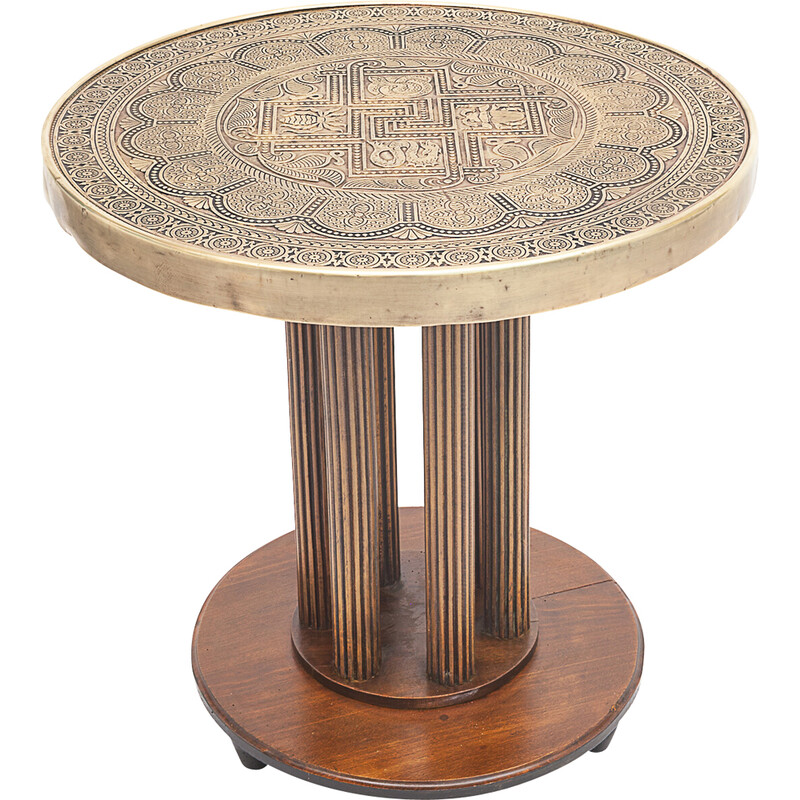 Vintage art deco side table in exotic wood and chased copper, Asia 1930