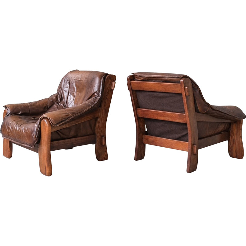 Pair of vintage oakwood and leather armchairs, France 1960