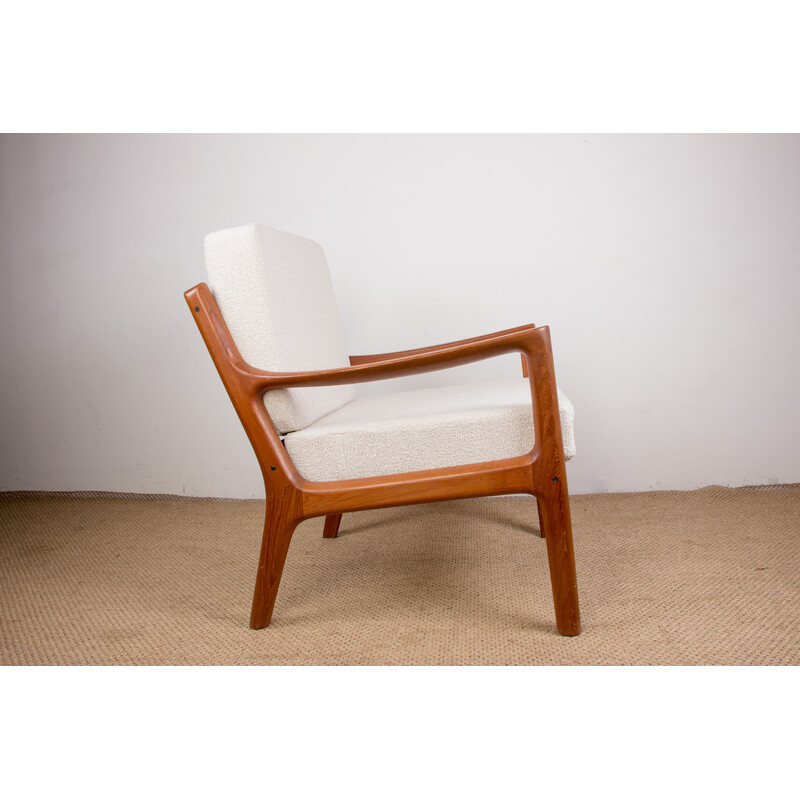 Vintage Danish armchair in teak and new bouclette fabric Senator model by Ole Wanscher for France et Son, 1960