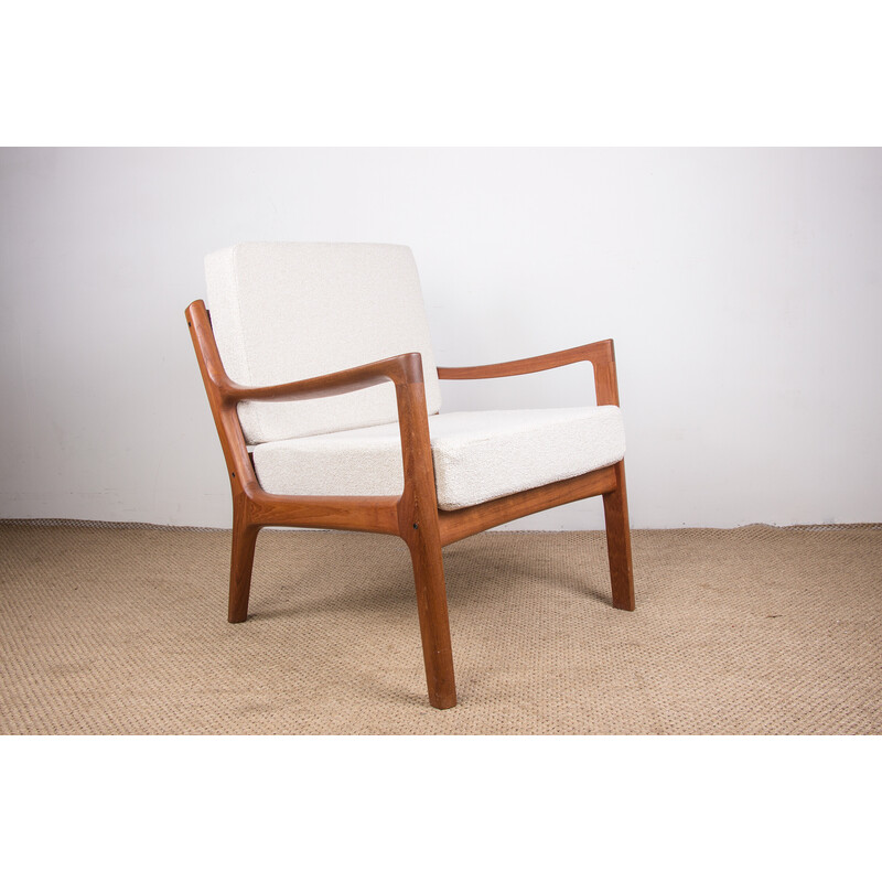 Vintage Danish armchair in teak and new bouclette fabric Senator model by Ole Wanscher for France et Son, 1960