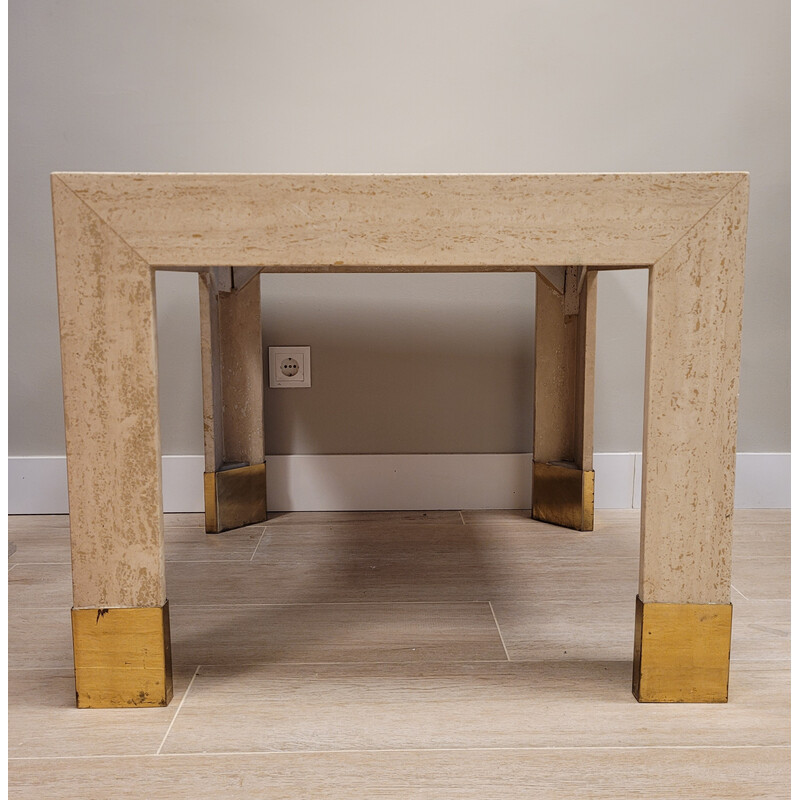 Vintage side table in travertine, marble and gilded brass, Italy 1970