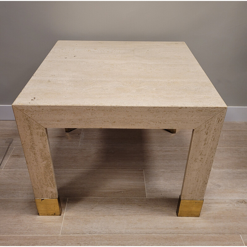 Vintage side table in travertine, marble and gilded brass, Italy 1970